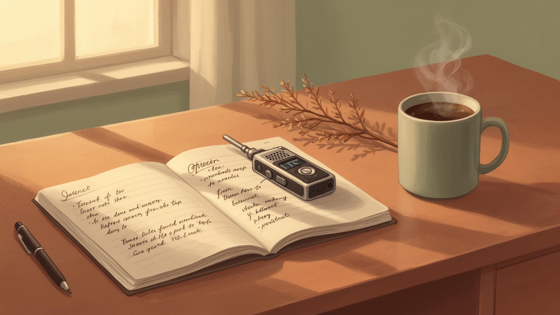 Escritorio docente con cuaderno, grabadora y mate